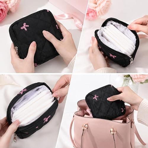 Portable Period Bag for Teen Girls, Quilted Sanitary Napkin Storage Bag Cute Bow Period Pouch for Pads Reusable Menstrual Pad Bags with Zipper Sanitary Napkin Storage Pouch First Gift for Women(Black) thumbnail 5