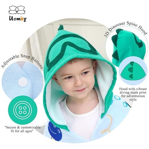UOMNY Kids Beach Towels,Hooded Towels,Kids Hooded Bath Towel 30" x 50" | Kids Hooded Bath Towel 30" x 50" for 3-10 Years,Pool Ponchos for Kids with Hood,Boys Beach Towel,Green Dinosaur thumbnail 4