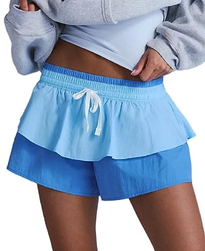 Aonoapll Women Layered Active Shorts Elastic Waist Wide Leg Athletic Running Shorts Color Block Flowy Workout Skorts - Image 1