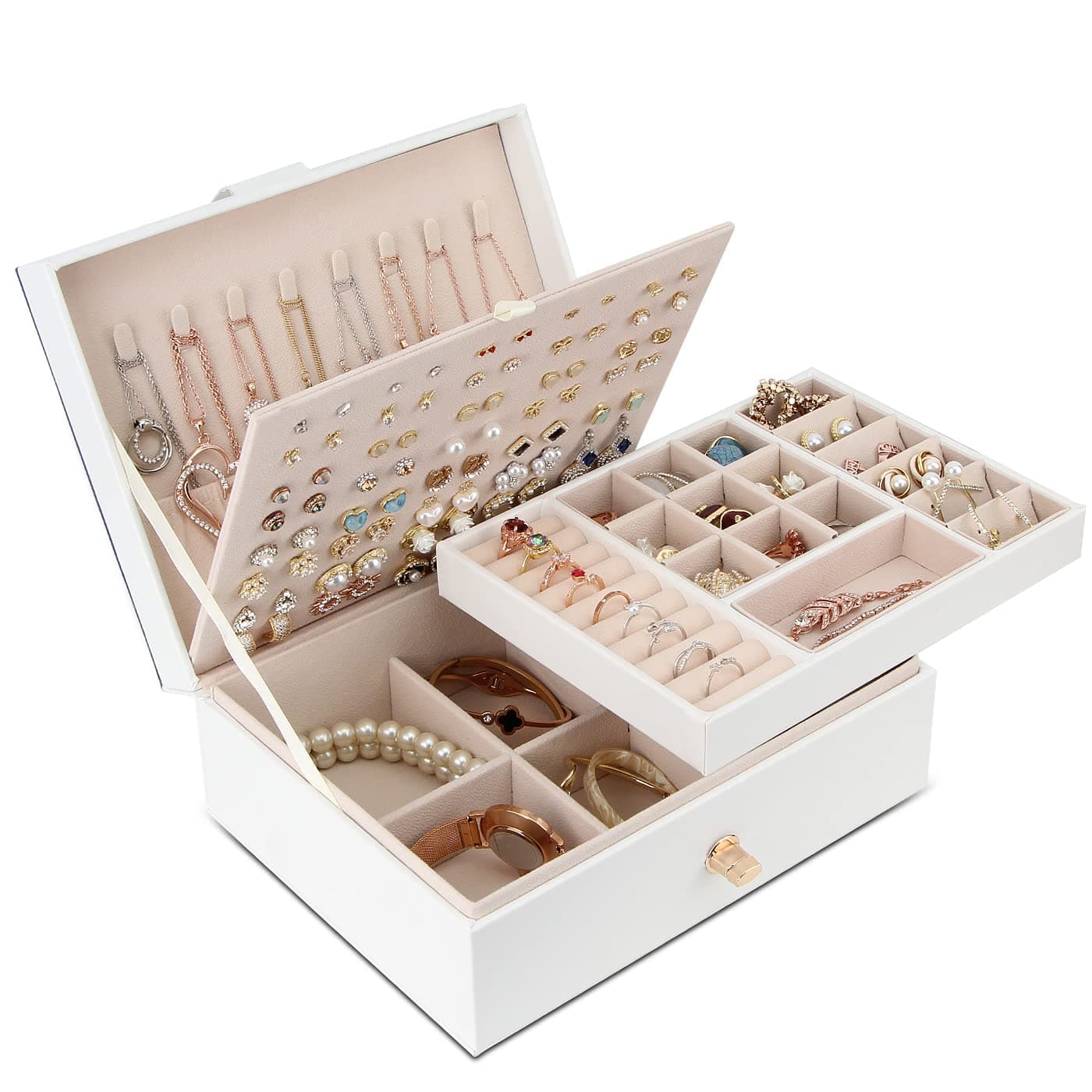 YONZONE Jewellery Box Organiser for Necklace Earrings Bracelets Rings, Large PU Leather Jewelry Storage Case with 3 Stackable Layer, Jewellery Boxes Holder for Women Girls, Faux Leather thumbnail 5