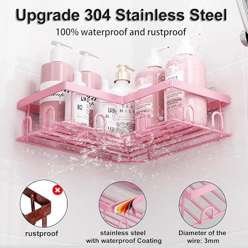 Liuoud Corner Shower Caddy 5 Pack, Rustproof Stainless Steel Shower Organizer with Soap Rack Toothbrush Holder, Large Capacity Adhesive No Drilling Bathroom Kitchen&Home Decor Set, Pink thumbnail 4