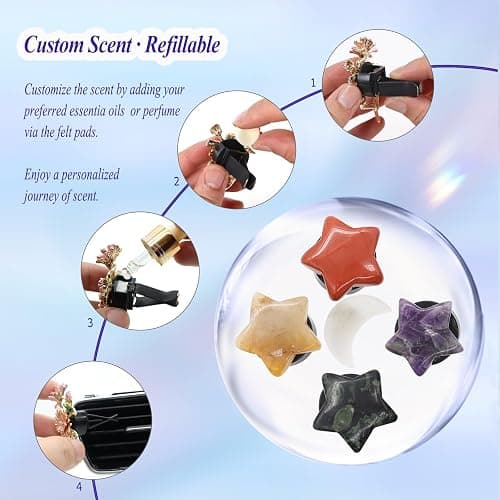 ORIESSE Boho Car Decor,Stars Moon Air Vent Clips,Refillable Car Fresheners,5pcs Natural Crystal Stone Hippie Dashboard Decorations Accessories,Best Wishes for Lover and Friend thumbnail 5