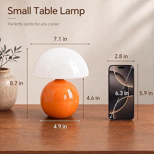 Dawnwake Mushroom Lamp Table Lamp for Bedroom-Small Desk Table Lamps,Orange | 8.7" Mid Century Modern Table Lamps for Living Room Bedroom Decor,Cute Ceramic Lamps for Mushroom Home Room Decor,Glass Shade thumbnail 7
