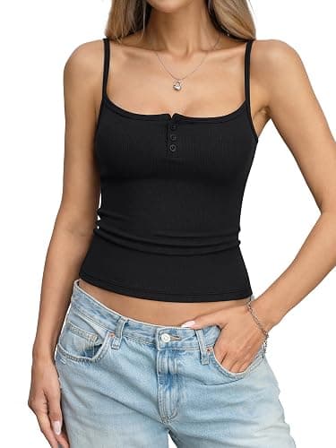 EasyGala Womens Cotton Ribbed Henley Tank Tops Square Neck Camisole Adjustable Spaghetti Strap Fitted Shirts Summer 2026 thumbnail 5