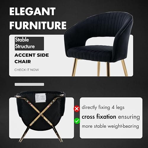 Hyfirm Black Velvet Dining Chairs Set of 2, Modern Side Chairs with Hollow Back and Gold Legs, Upholstered Accent Kitchen Chairs for Living Room/Reception/Restaurant thumbnail 3