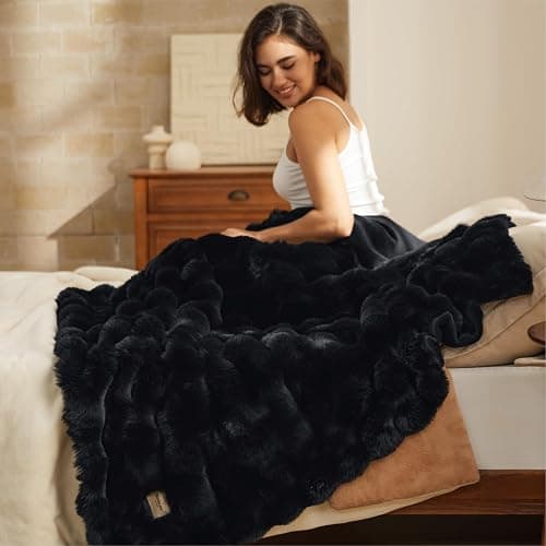 Bedsure GentleSoft Fluffy Faux Fur Throw Blanket for Couch, Soft Fuzzy Bubble Blanket Home Decor Gifts for Bedroom Living Room, Thick Warm Furry Cozy Gifts for Women, Black, 50x60 Inch thumbnail 8
