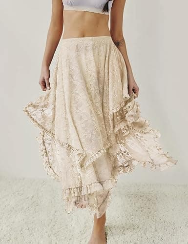 Yimoon Women's Floral Lace Long Skirts Elastic Asymmetrical Layered See-Through Maxi Skirts Sexy Sheer Flowy Beach Skirt thumbnail 5