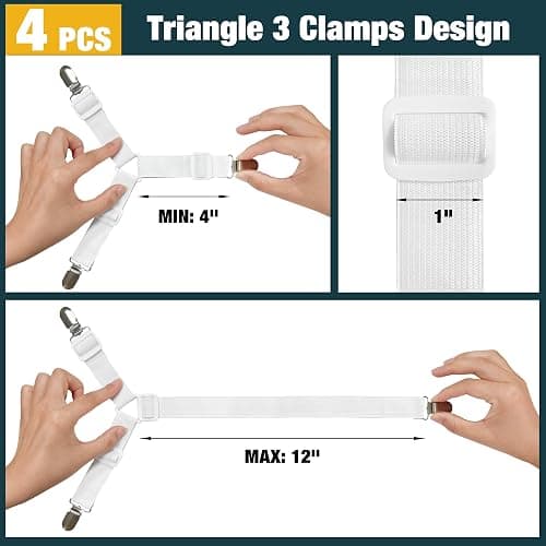WHISPERING WONDER 4 Pack Adjustable Elastic Straps with Metal Clips, Bed Sheet Fasteners, Bedding Suspenders for Mattress Covers, Bed Corner Holders and Keepers (White) thumbnail 2