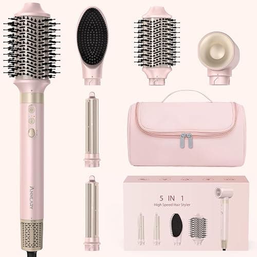 Annlary 5 in 1 Ionic Hot Air Styler, 1400W Powerful Hair Dryer Brush, Auto-Wrap Curlers, Paddle Brush for Fast Drying, Volumizing with Travel & Storage Bag - Image 1