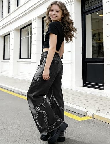 Peakpride Y2K Baggy Jeans for Women Girls Star Patchwork Wide Leg Raw Hem Denim Pants Hip Hop Streetwear Preppy Clothes thumbnail 3