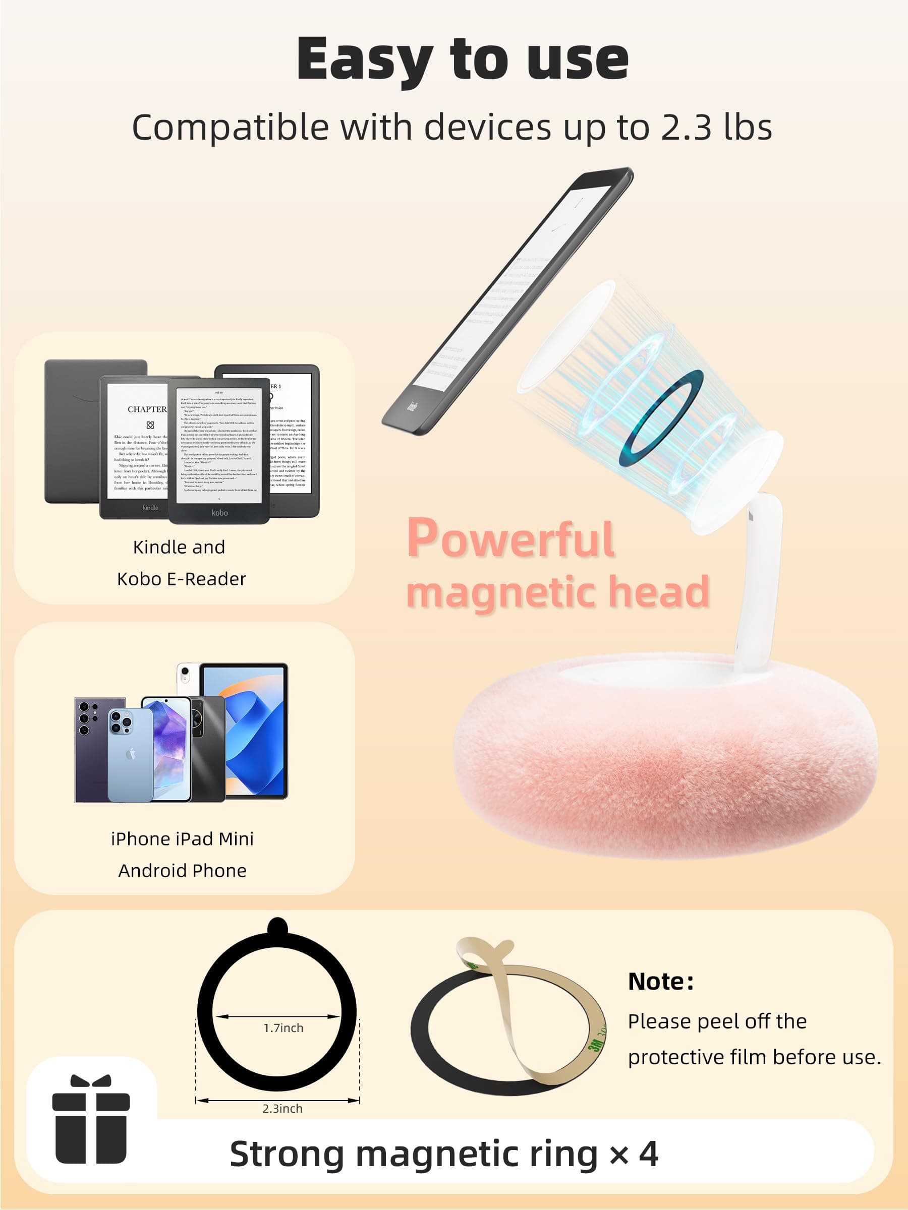 Magnetic Kindle Holder with Page Turner, Cozy Pillow Kindle Stand for Reading, 360° Adjustable Phone Holder for Bed, Small Bowl for Tablet Stand with Stable Suction Base (Pink) thumbnail 6