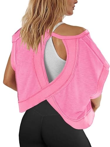 Panadila Womens Open Back Workout Top Oversized Workout T Shirts Backless Athletic Shirt Short Sleeve Baby Tee - Image 1