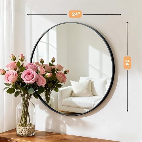 Atilioo Bathroom Mirror for Wall, 24 Inch Round Mirror, Matte Black Metal Framed Circle Vanity Mirror for Bathroom Bedroom Living Room Entryway, Anti-Rust, Tempered Glass, Hanging or Leaning thumbnail 2