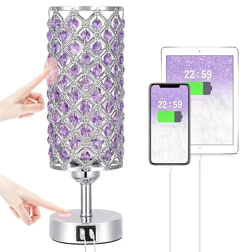 Hong-in Purple Lamp for Girls Room-Crystal Touch Lamp with USB-C+A Ports,3 Way Dimmable Bedside Light with Crystal Shade for Bedroom Home Office - Image 1