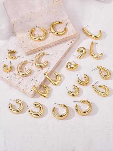FOURPG 10 Pairs Hypoallergenic Chunky Gold Dangle Earrings for Women Trendy Thick Gold Plated Hoop Earrings Set Lightweight Jewelry thumbnail 4