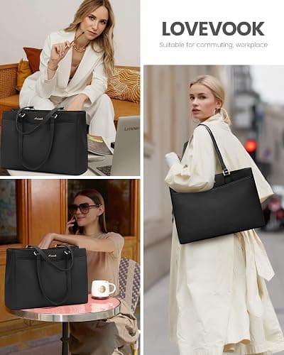 LOVEVOOK Laptop Handbags for Women 15.6 inch, Large Work Bags Women's Tote with Compartments, PU Leather Ladies Shoulder Hand Bag for School Office Business, Black thumbnail 2