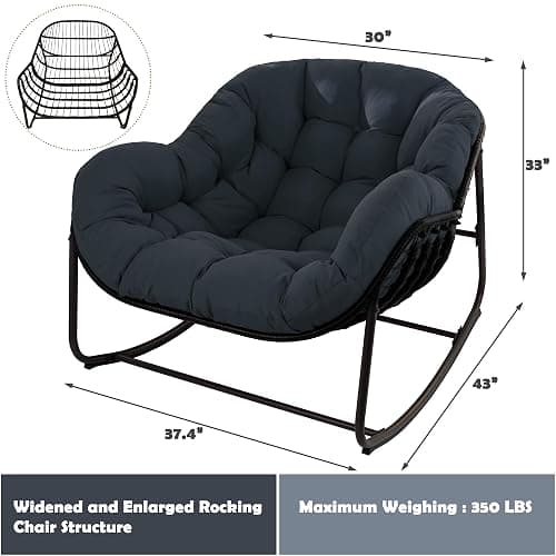 TIMWNER Papasan Rocking Chair, Oversized Egg Rocker for Indoor & Outdoor Use, All-Weather Wicker Patio Chair with Cushion & Pillow, Papasan Rocking Egg Chair for Bedroom, Garden, Dark Blue thumbnail 2