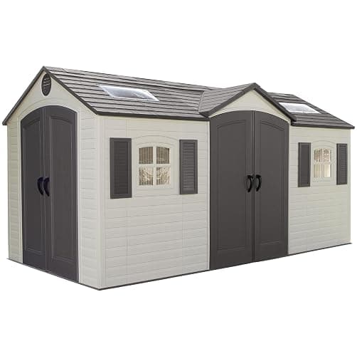 Lifetime 15×8 Ft Dual‑Entry Outdoor Storage Shed, Steel‑Reinforced, UV‑Protected, Weather‑Resistant Backyard Garden Shed with Skylights, Windows & Shelving, Desert Sand - Image 1