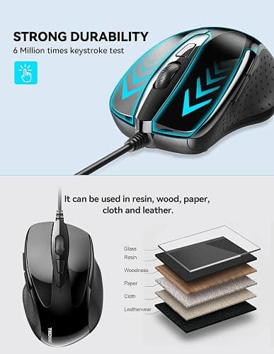 TECKNET USB Wired Mouse, 6-Button Corded Computer Mouse with 4 Adjustable DPI, Optical Computer Mice with Ergonomic Design and 5FT Cord for Laptop, Chromebook, PC, Desktop, Mac, Notebook-Black thumbnail 5