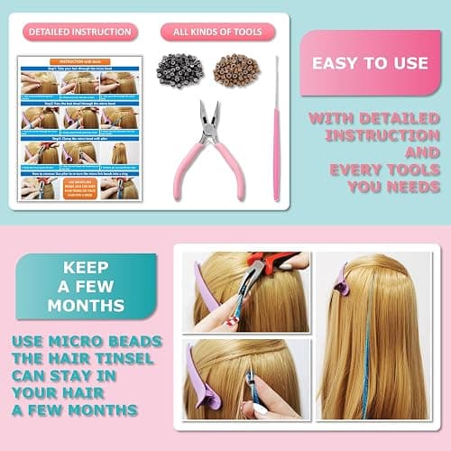 Pink Fairy Hair Tinsel Kit 48 Inches 1200 Strands with Tools and Instruction Easy to Install Glitter Tinsel Hair Extensions for Women and Girls，Shinny Sparkling Braiding Hair Accessories for Halloween Cosplay Party thumbnail 5