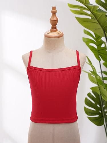 Raenseen Kids Girls Spaghetti Strap Camisole Ribbed Knit Crop Tank Top Sleeveless Baisc Crop Cami Tops thumbnail 2