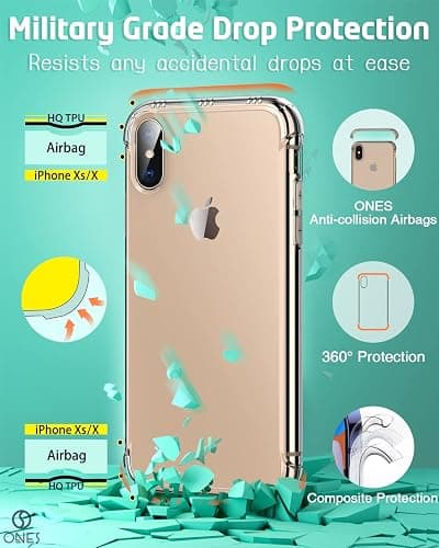 ONES for iPhone X/Xs Case Clear, Slim Soft TPU Silicone Cover for iPhone 10s / 10, Military Drop Protective Thin Phone Bumper Case with Shockproof Airbags, Yellowing Resistant, Transparent thumbnail 4