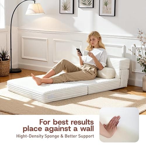 YEPDIN Folding Sofa Bed,Convertible Sofa Bed with Armrest Foldable Sleeper Chair, Portable Folding 4-in-1 Floor Sofa with Convertible Lounge Chair for Living Room,Bedroom,Washable Cover,White Single thumbnail 5