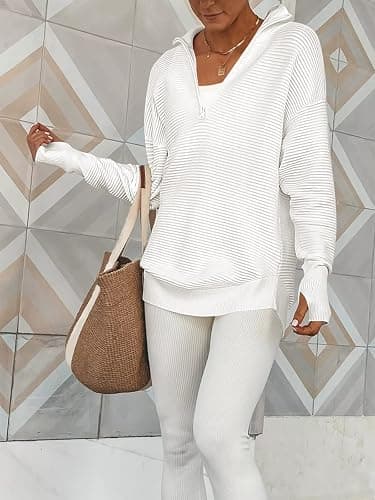 ANRABESS Womens Long Sleeve Quarter Zip Pullover Sweater Casual Loose V Neck Collared Ribbed Knit Jumper Tops Thumb Hole thumbnail 4