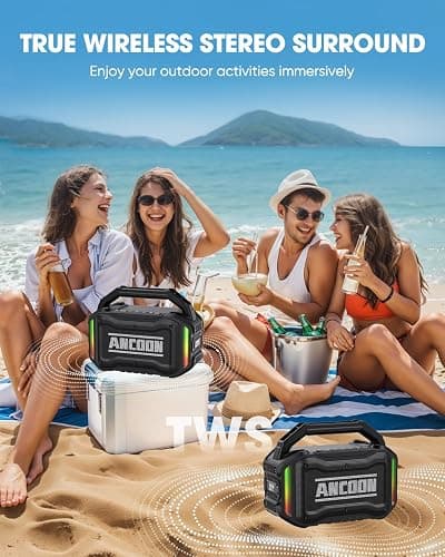ANCOON Speakers Bluetooth Wireless: 80W(Peak) Loud Speaker with Bass, 20H Playtime, IPX6 Waterproof, Large Jobsite Speakers for Work, Outdoor, Workshop, Garage, Portable Speaker with TWS (Black) thumbnail 4