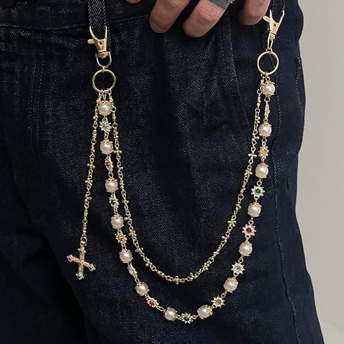 Fashion Layered Pants Wallet Chains - Exquisite Gold Silver Rhinestone Flower Pearl Jean Pocket Chain for Women Men Cute Bag Purse Charms Jewelry thumbnail 5