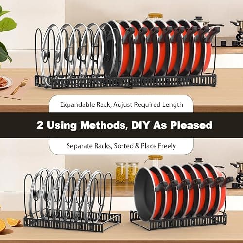 Housolution Pot and Pan Organizer Rack for Cabinet, Expandable Pot Lid Organizer Holder with 14 Adjustable Dividers, Fully Expanded Size 22.83" W x 7.09" D x 7.09" H, Black thumbnail 5