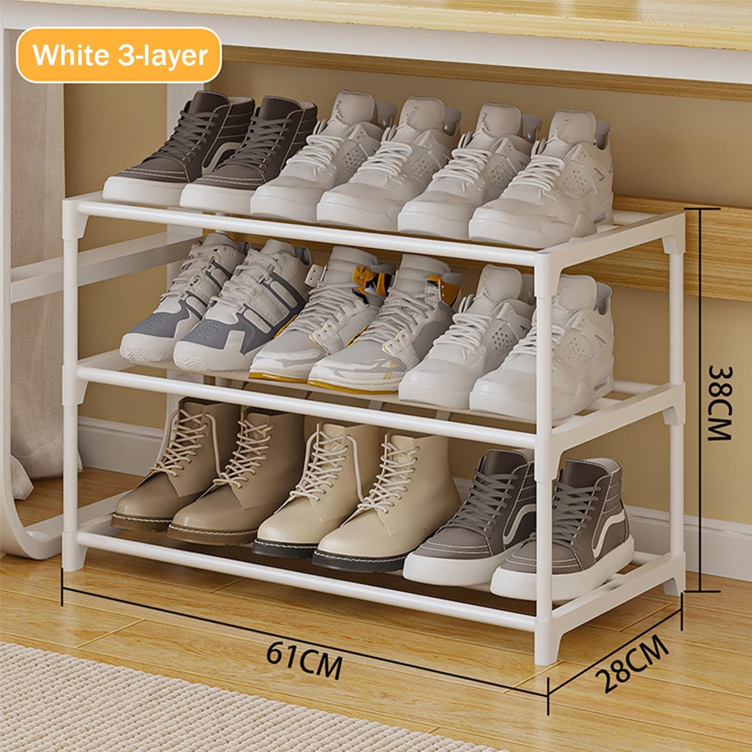 Shoe Rack, 3-Tier Shoe Organizer, Metal Storage Shelf, Upright or Upside Down, for 12-15 Pairs, Stackable, for Entryway, 61 x 28 x 38 cm（3-Tier White) thumbnail 3