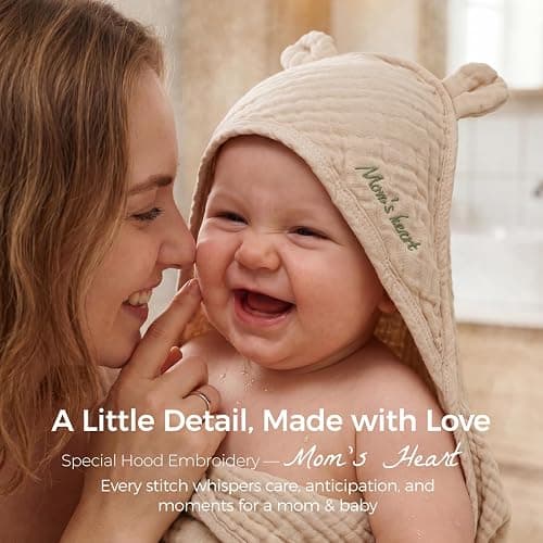 Momcozy 6-Layer Muslin Cotton Baby Towels with Hood, 32x32 Inch, Brown | 6-Layer 100% Cotton Muslin Hooded Baby Towel Set for Newborn, Infant & Toddler, Soft Absorbent Baby Bath Essentials thumbnail 6