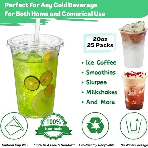 Artsotroly 20 oz Clear Plastic Cups with Lids and Straws, Disposable Drinking Cups for Cold Drinks, Iced Coffee, Milkshakes, Smoothies, 25 Sets thumbnail 3