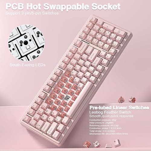 AULA F99 Wireless Mechanical Keyboard-Silent Version,Tri-Mode(BT5.0/2.4GHz/USB-C),Gasket Structure,Hot Swappable Mechanical Keyboard with Pre-lubed Linear Switches,RGB Backlit PC Gaming Keyboards,Pink thumbnail 5