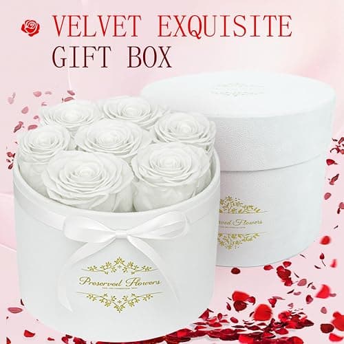 7 Forever Flowers in a Luxury Suede Box, Preserved Roses Birthday Gifts for Women, Romantic Anniversary Wedding Gifts for Women Her Girlfriend Wife, White thumbnail 5
