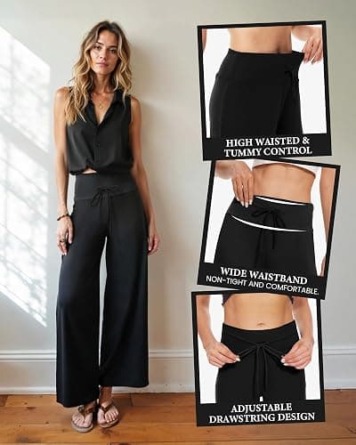ZOOSIXX Soft Black Pajama Pants for Women, Wide Leg Comfy Casual Lounge Yoga Capri Pants 22'' / 30'' thumbnail 3
