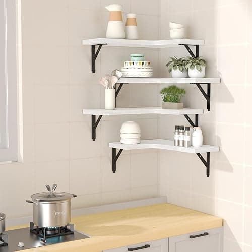 ROMGUAR CRAFT Corner Floating Shelves Wall Mounted Set of 4, Rustic Wood Storage Display Wall Shelves for Home Decor, Bathroom, Kitchen, Bedroom, Living Room, Office (White) thumbnail 2