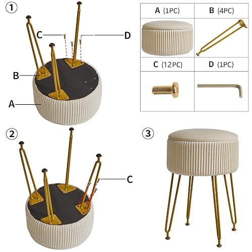 IBUYKE Velvet Storage Footrest Stool Ottoman, Makeup Vanity Stool Side Table with Golden Steel Legs Removable Cover, Coffee Table Top Cover, Creamy-White LG-20M thumbnail 7