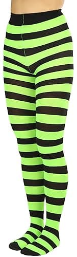 ToBeInStyle Women’s Wide Horizontal Contrast Stripe Tights Opaque Hosiery - One Size Plus - Black and Neongreen thumbnail 3
