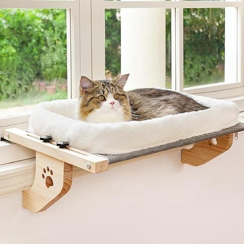 AMOSIJOY Cat Sill Window Perch Sturdy Hammock Window Seat with Cushion Bed Cover, Wood & Metal Frame for Large Cats, Easy to Adjust Cat Bed for Windowsill, Bedside, Drawer and Cabinet (M) - Image 1