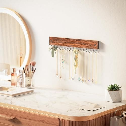 Lolalet Wooden Necklace Holder for Wall with 15 Hooks, Necklaces Hanger Easy Install Wall Mount Necklace Organizer, Jewelry Hangers for Chains, Bracelets, Earrings -Brown thumbnail 2