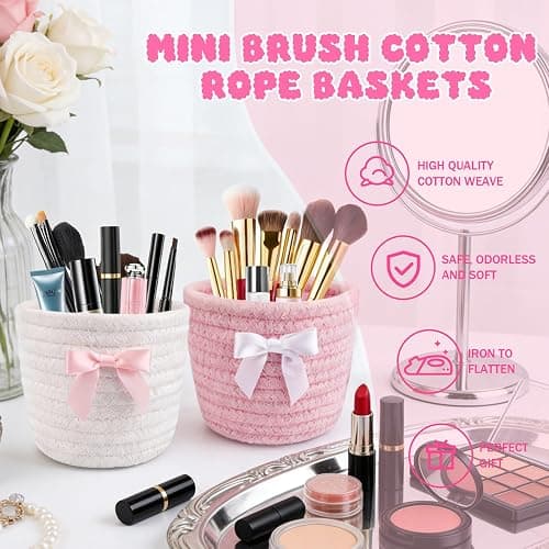 Hkojewp 2 Pack Bow Makeup Brush Holder- Mini Woven Cotton Rope Small Oval Basket with Bow Decor, Comb Brushes Storage Decorative Basket for Pencil Cosmetics Organizer Gift for Women,4 x 4 IN thumbnail 4