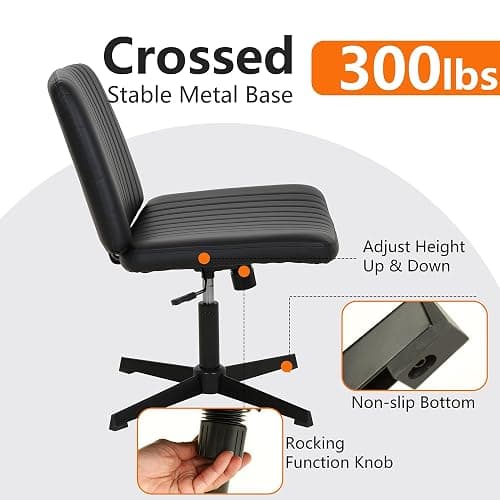 FDW Criss Cross Chair Armless Cross Legged Office Desk Chair Adjustable Swivel Ergonomic Gaming Chair No Wheels Backrest with Wide Seat Native Sponge Computer Task Vanity Chair for Home Office,Black thumbnail 3
