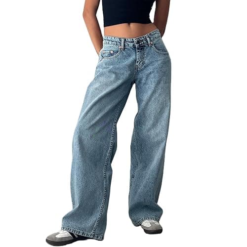 Kodaruber Women Y2k Low Rise Baggy Jeans Loose Fit Boyfriend Straight Wide Leg Jeans Trendy Stretch Long Denim Pants - Image 1