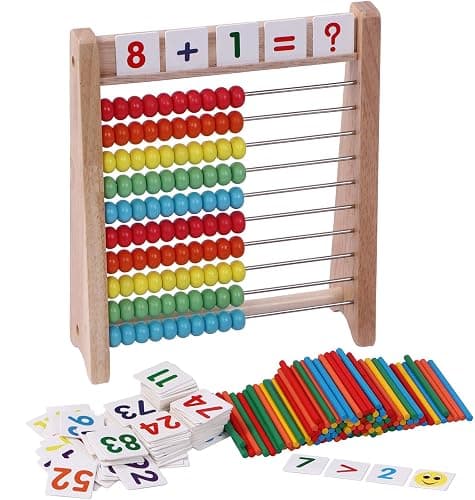 Cltoyvers Wooden Abacus for Kids - 100 Counting Sticks and Number Toys Cards 1-100, Educational Math Games for Preschool and Elementary School 1st 2nd Grade - Image 1