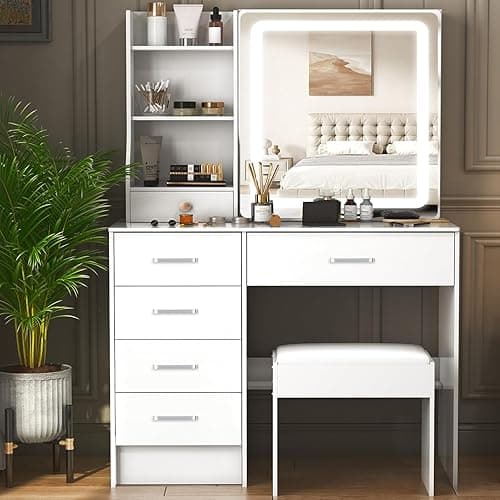 Caulitar Premium Vanity Desk with Mirror and LED Lights, 55.1" H White Makeup Vanity with 6 Drawers 6 Shelves & 1 Chair,Vanity with Led Lights 3 Modes Adjustable and Slide Mirror for Girls and Adults - D1907L