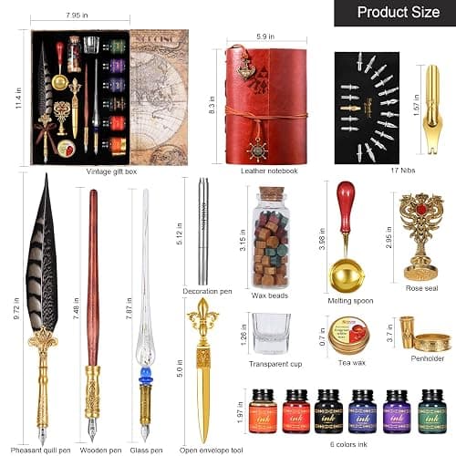 Vintage Pheasant Quill Pen Ink Set,Feather Dip Pen Set with Classic Spiral Bound Leather Notebook,Beginners Glass Dip Pen Wood Calligraphy Pen Craft Decoration Pen,Best Gift Kit for Writing,Drawing thumbnail 2