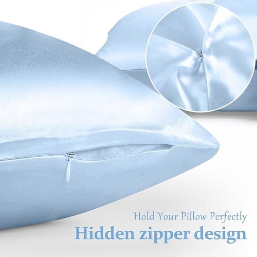 2 Pack 100% Pure Silk Pillowcase for Hair and Skin, Both Sides Mulberry Silk Pillowcases with Hidden Zipper, Cooling Pillowcase 19 Momme, 600 Thread Silk Pillow Cases Standard Size, Light Blue thumbnail 6