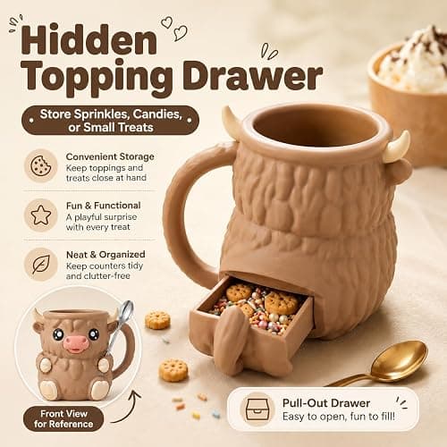 Highland Cow Ice Cream Pint Holder with 2 Spoons, 16 oz, Light Brown | Fits 16 oz ice cream pints with a built-in lid rest, topping drawer, and 2 spoons thumbnail 4